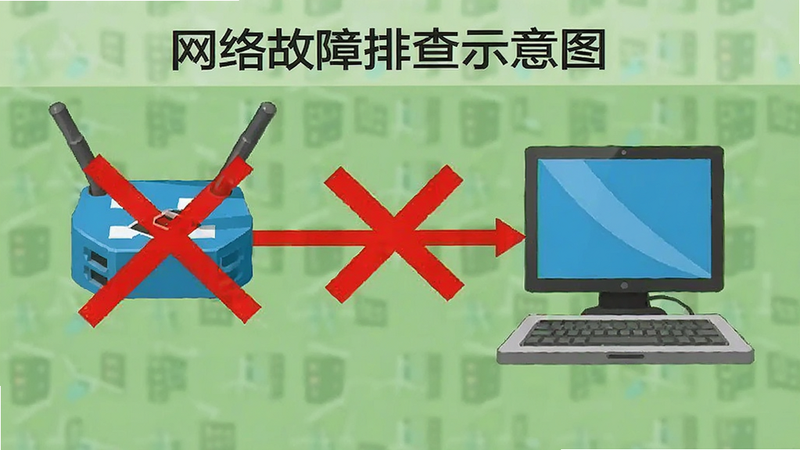 网络故障排查示意图,路由器与电脑连接断开,红色叉号标记错误节点