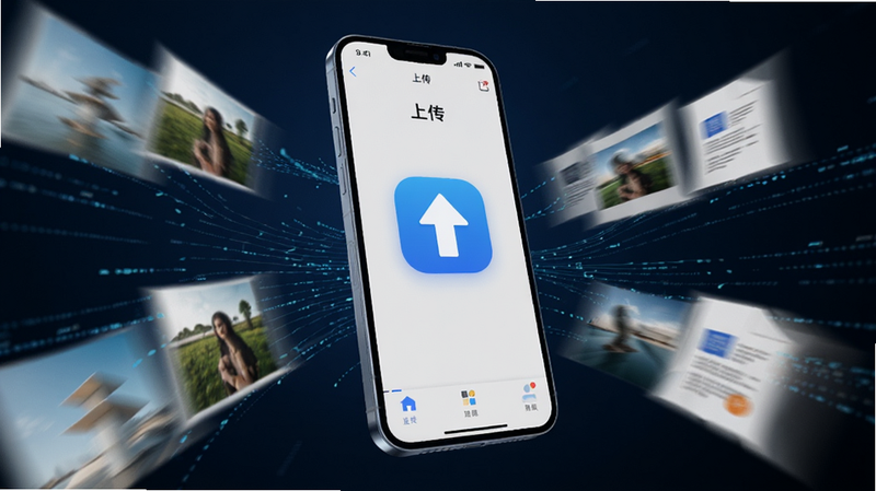 一部现代智能手机悬浮在画面中央,屏幕显示着名为“上传”的APP界面,界面中心是一个巨大的向上箭头图标,周围环绕着正在快速传输的照片和文档缩略图,背景为深蓝色科技风格,带有流动的数据光线,体现速度与科技感,高清渲染,无多余元素