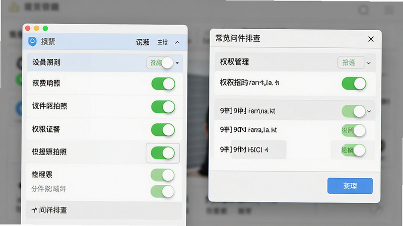 免费证件照拍照常见问题排查界面,主体为设置菜单与权限管理窗口,布局清晰分层,排版简洁,风格系统原生感,细节包含权限开关状态,画质干净无多余元素