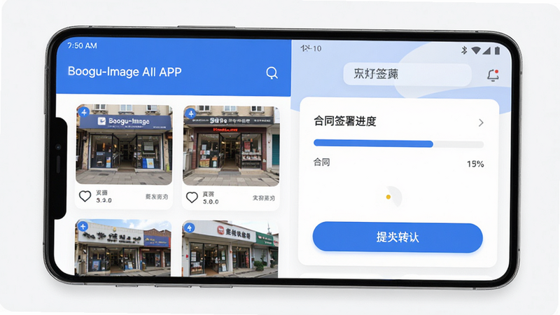Boogu-Image AI生成提示词:主体是一个现代简约风格的手机界面展示“店铺转让”APP主屏,布局为左右分栏,左侧显示商铺图片列表,右侧显示合同签署进度条,排版整洁清晰,风格为扁平化UI设计,细节包含蓝色按钮和白色背景卡片,画质高清干净无多余元素