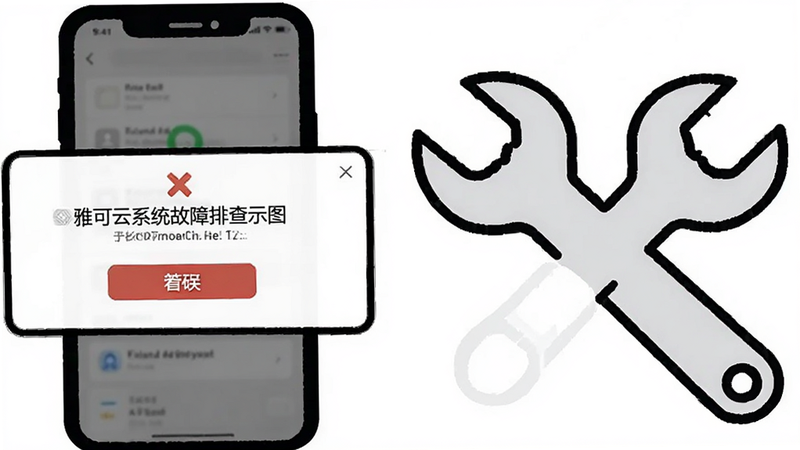雅可云系统故障排查示意图,手机显示错误弹窗,旁边有扳手图标表示修复,简洁线条风格