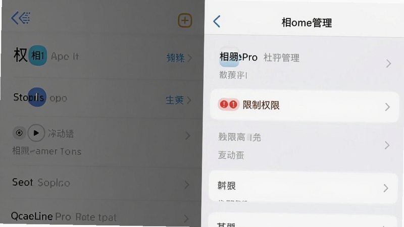 相册Pro应用设置界面,显示权限管理选项,红色警告标志提示“限制权限”,简洁UI,白色背景,黑色文字