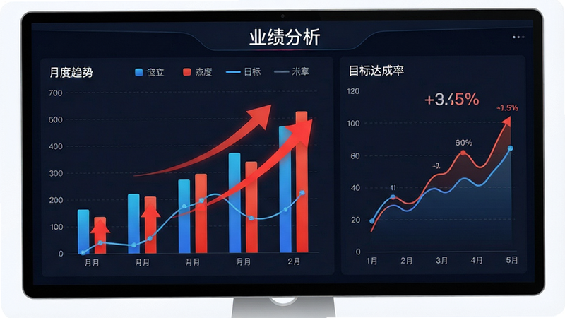 展示业绩统计仪表盘,主体为柱状图与折线图,布局包含月度趋势、目标达成率百分比,排版数据可视化风格,细节高亮显示红色增长箭头,画质专业,干净,无多余元素,文字标注“业绩分析”
