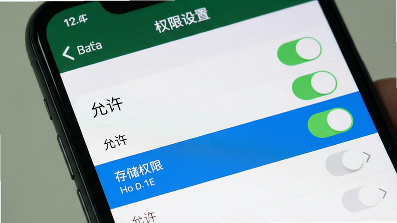 展示手机设置界面,主体为权限管理页面,布局包含“允许”开关列表,排版简洁,风格为系统原生UI,细节高亮显示“存储权限”开启状态,画质清晰,干净,无多余元素,文字标注“权限设置”