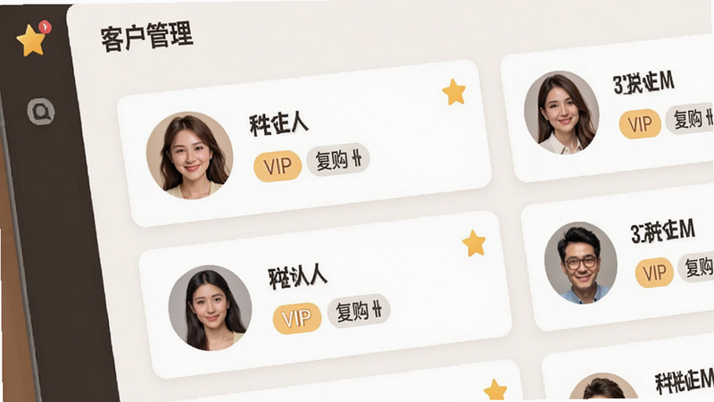 展示客户档案界面,主体为联系人卡片列表,布局包含头像、姓名、标签(如“VIP”、“复购”),排版采用卡片式设计,风格为温馨亲和,细节显示星标收藏图标,画质细腻,干净,无多余元素,文字标注“客户管理”