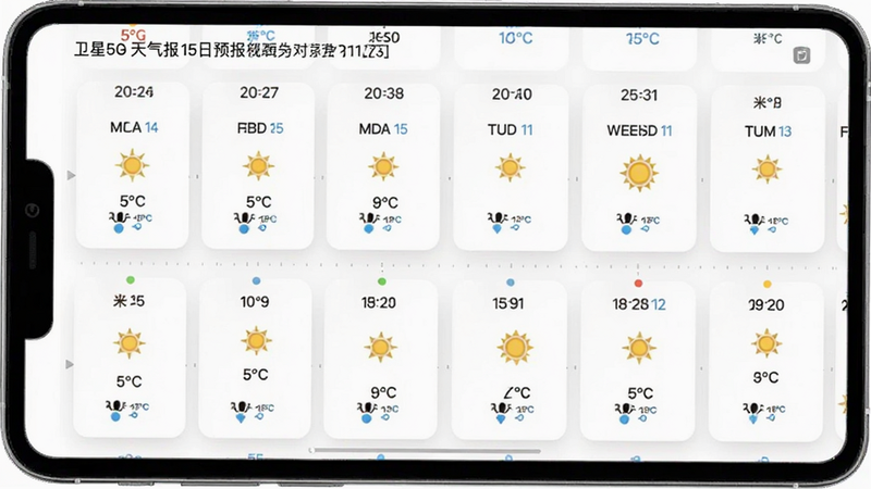 卫星5G天气报15日预报列表视图,主体为横向滚动的时间轴卡片,布局紧凑,排版采用日历式网格,风格简约实用,细节包含每日最高最低温度图标,画质高清干净无多余元素
