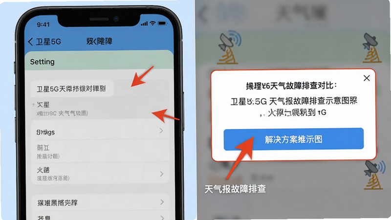 卫星5G天气报故障排查示意图,主体为手机设置菜单与错误提示框对比,布局左右对照,排版清晰,风格教程式,细节包含箭头指向解决方案按钮,画质高清干净无多余元素