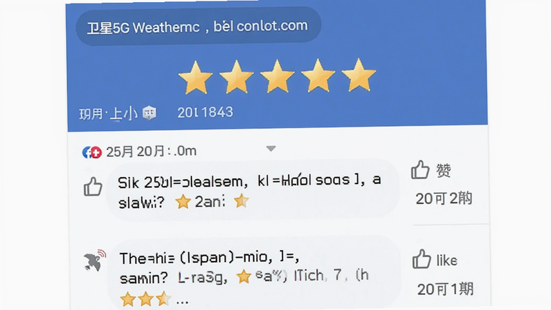 卫星5G天气报用户评价界面,主体为五星评分与文字评论列表,布局垂直排列,排版简洁,风格社交化,细节包含点赞图标与日期标签,画质高清干净无多余元素
