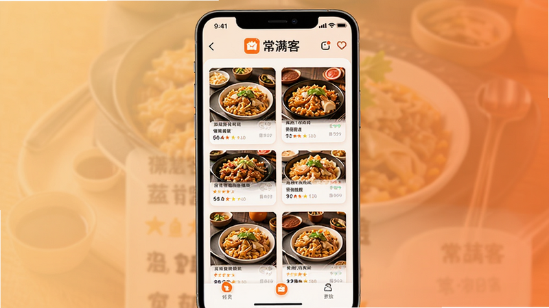 常满客App界面预览图,展示美食列表卡片布局,主体为手机屏幕截图,风格现代简洁,色彩以暖色调为主,包含