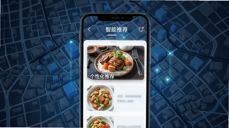 AI生成的智能推荐概念图,主体为手机屏幕显示个性化美食列表,背景为城市地图轮廓,风格科技感强,文字