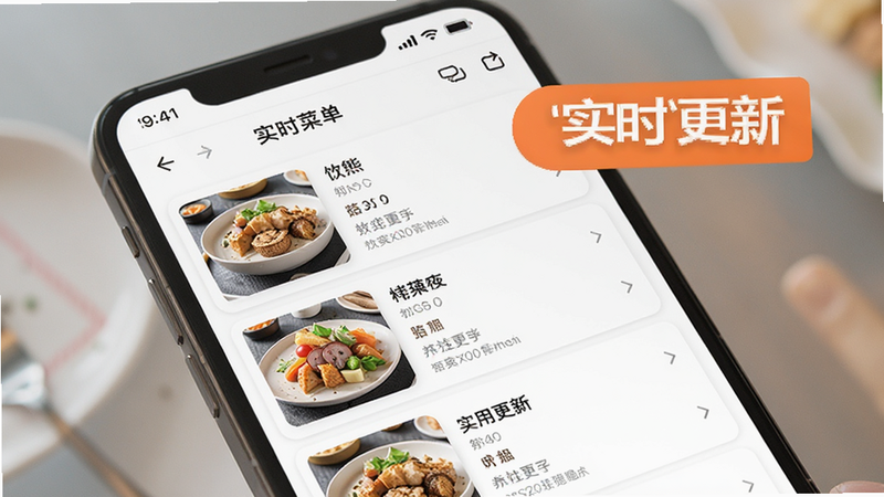 展示实时菜单更新功能,主体为手机界面中的菜品列表,突出