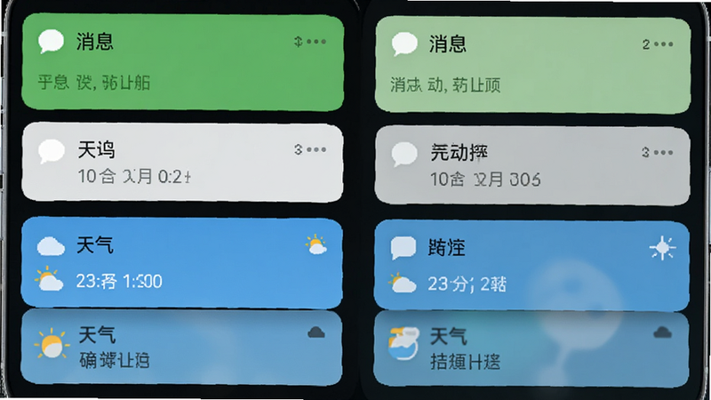 灵动坞通知小组件功能示意图,展示一个手机屏幕被分割成几个区域,每个区域显示不同来源的通知卡片,如绿色代表消息,蓝色代表天气,布局整齐,风格简约
