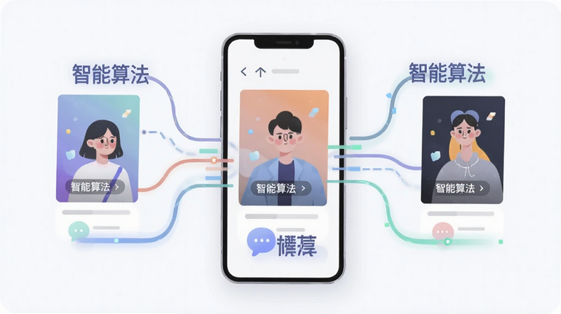 AI生图提示词:抽象的数据流连接手机屏幕上的不同短剧海报,体现“个性化推荐”概念,色彩柔和,现代扁平设计,文字标签“智能算法”,干净背景