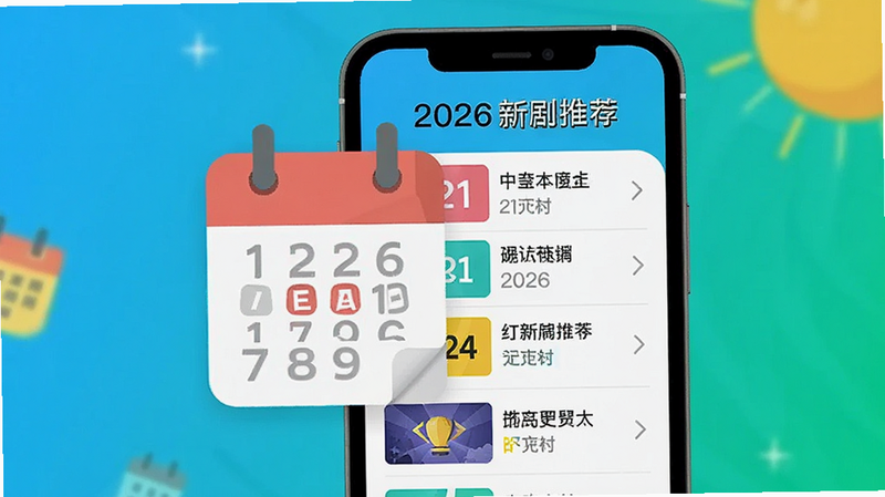 AI生图提示词:日历图标与手机屏幕结合,显示“2026新剧推荐”列表,色彩明亮,扁平设计,文字清晰,无多余装饰
