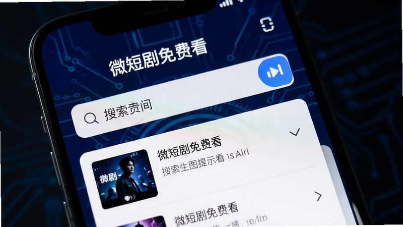 AI生图提示词:手机屏幕特写,显示“微短剧免费看”应用内的搜索框和结果列表,背景为深蓝色科技感,文字清晰可见,极简主义风格,高对比度,无多余装饰
