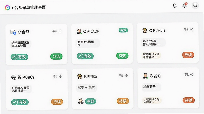 e合众保单管理界面,显示多张保单卡片,带有状态标签如“有效”、“待续”,简洁的UI设计,图标清晰