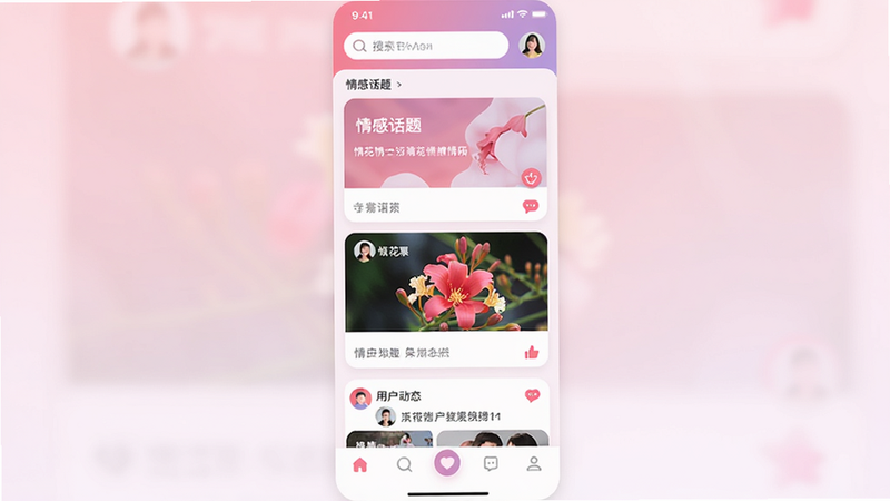 主体为“情花”APP的移动端主界面截图,布局采用卡片式瀑布流设计,顶部为搜索栏与用户头像,中间展示情感话题卡片与用户动态,底部为导航栏。风格为现代扁平化UI设计,色调以柔和的粉紫色与白色为主,营造温馨浪漫氛围。细节处包含点赞图标、消息气泡及用户头像,画质高清,干净无多余元素