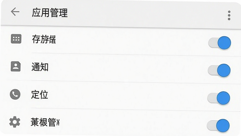 主体为安卓手机设置界面的截图,展示“应用管理”或“权限管理”页面,布局清晰列出存储、通知、定位等权限开关状态。风格为系统原生UI风格,简洁明了。细节处包含开关按钮的高亮状态、权限名称文字及设置图标,画质清晰,干净无多余元素
