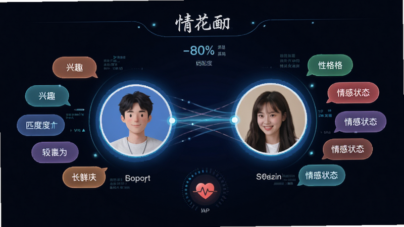 主体为“情花”APP的智能匹配界面示意图,布局展示两个用户头像在中间交汇,周围环绕着代表兴趣、性格、情感状态的标签云。风格为科技感与温馨感结合,使用淡蓝色光晕连接两个头像,象征连接与共鸣。细节处包含匹配度百分比数字、心跳图标及数据流线条,画质清晰,干净无多余元素