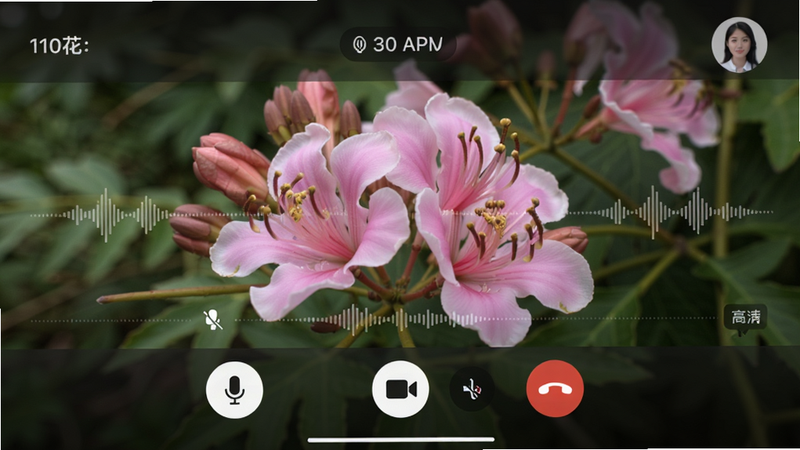 主体为“情花”APP的语音通话界面,布局展示全屏视频画面,底部为麦克风、摄像头开关及挂断按钮,顶部显示通话时长与对方头像。风格为简洁现代风,界面元素半透明悬浮于背景之上,突出视频内容。细节处包含波形音频可视化效果、静音图标及高清画质标识,画质锐利,干净无多余元素