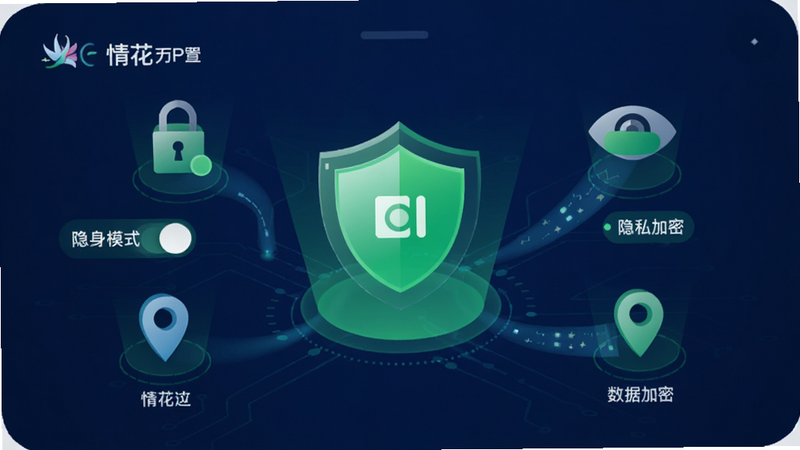 主体为“情花”APP的隐私设置页面概念图,布局展示盾牌图标位于中央,周围环绕着锁、眼睛(被遮挡)、位置标记等图标,象征隐私保护功能。风格为安全科技风,使用深蓝色背景搭配亮绿色保护盾,传达安全感。细节处包含“隐身模式”开关、“隐私加密”标识及数据流动画效果,画质高清,干净无多余元素