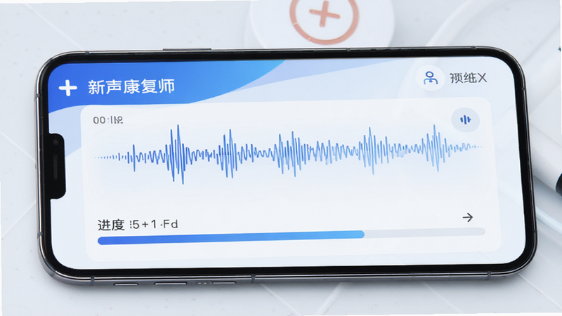 新声康复师app界面预览图,手机屏幕展示简洁的康复训练仪表盘,包含语音波形可视化图表和进度条,现代医疗科技风格,蓝色白色配色,高清细节