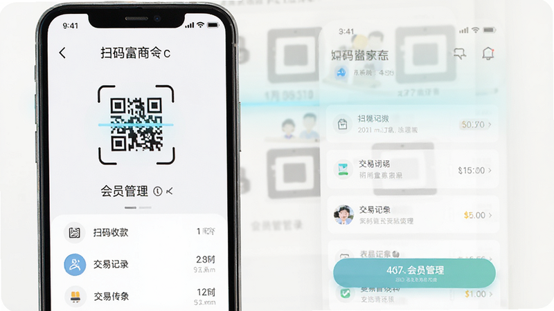 扫码富商家app界面展示,主体为手机屏幕显示扫码收款与会员管理功能,布局清晰,排版简洁,风格现代扁平化,细节包含二维码扫描图标和交易记录列表,画质高清干净无多余元素