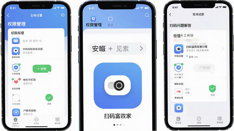 扫码富商家app常见问题解答,主体为手机设置界面显示权限管理,布局突出相机权限开关,排版简洁,风格安全导向,细节包含权限图标,画质干净无多余元素
