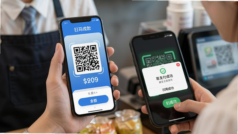 扫码富商家app智能收款场景,主体为商家手持手机展示二维码,顾客扫码支付,布局聚焦交易过程,排版突出金额显示,风格商务实用,细节包含支付成功提示弹窗,画质清晰干净无多余元素