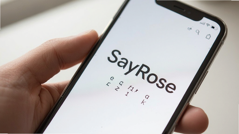 SayRose pronunciation guide, phonetic symbols, smartphone screen, clean typography,