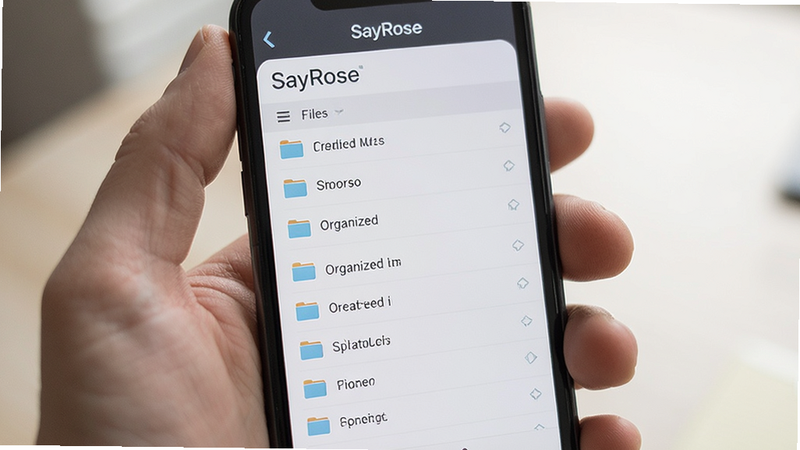 SayRose audio library view, file list, organized folders, smartphone interface, clean layout, high detail,