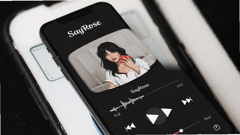 SayRose app interface, clean minimalist design, dark mode, audio player UI, smartphone screen, modern flat style, high resolution, no extra elements,