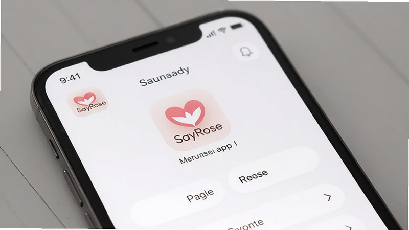 SayRose app UI screenshot, minimalist, clean lines, simple buttons, white background, modern typography, high quality,