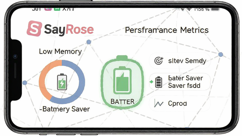 SayRose performance metrics, low memory usage, battery saver icon, smartphone stats, clean infographic style,