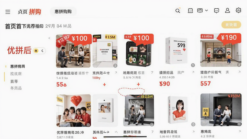 惠拼购APP界面截图,展示首页推荐优惠列表,简洁现代风格,白色背景,红色价格标签突出,清晰易读,高清画质,无多余元素