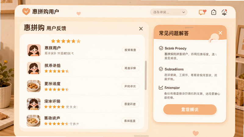 惠拼购用户反馈界面,展示五星好评列表和常见问题解答窗口,温馨友好色调