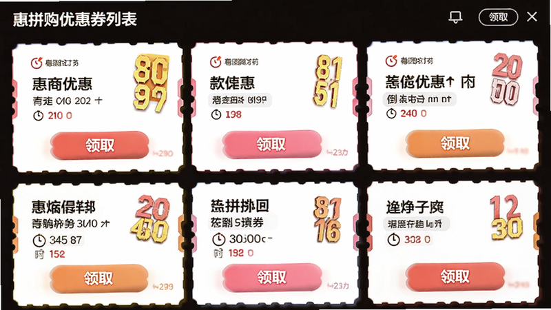 惠拼购优惠券列表页面,卡片式布局展示多种电商优惠券,带有倒计时图标和领取按钮,色彩鲜艳醒目