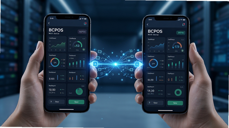 BCPOS multi-device sync concept, two phones side by side showing same data dashboard, connected by a digital link visual, tech style