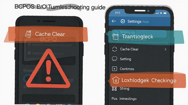 BCPOS troubleshooting guide illustration, phone with warning icon and settings menu open, clear text labels like