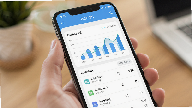 BCPOS app interface, modern clean UI design, mobile phone screen showing dashboard with sales charts and inventory list, minimalist style, high resolution, bright lighting, professional software screenshot