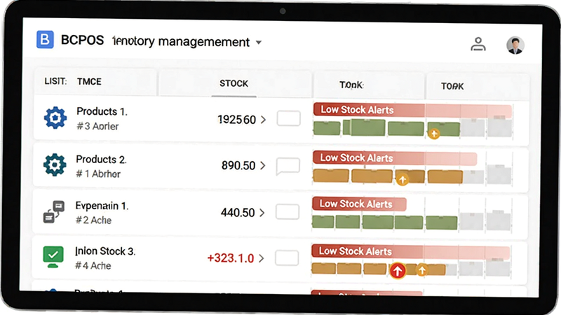 BCPOS inventory management screen, list of products with stock counts, graphical bars showing low stock alerts, clean white background, modern iconography