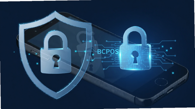 BCPOS security shield icon graphic, abstract digital lock protecting a phone screen, dark blue background, trustworthy professional vibe