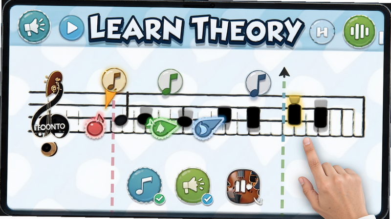 play music tenuto interactive lesson screen, user dragging notes on a staff, colorful UI, gamified elements, sharp text 