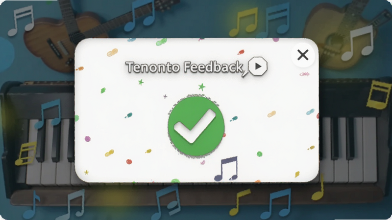 play music tenuto feedback popup showing correct answer, green checkmark icon, bright colors, simple typography, app screenshot style