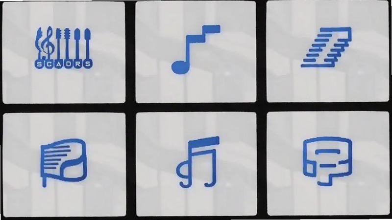 play music tenuto menu grid with category icons for scales chords rhythm, organized layout, minimalist design, blue accent colors