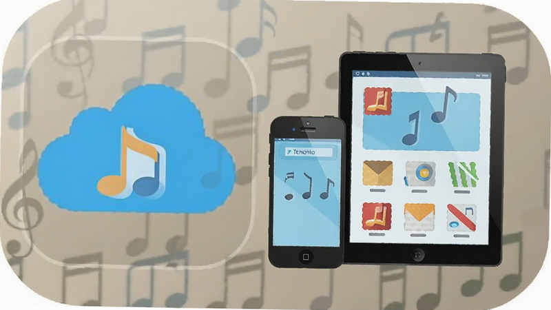 play music tenuto multi-device sync icon, cloud symbol, smartphone and tablet illustration, flat design