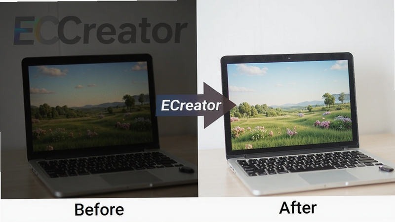 ECreator image enhancement demo, before and after comparison side by side, left side dull photo, right side bright clear photo, arrow indicating transformation,