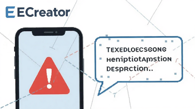 ECreator troubleshooting guide illustration, smartphone with error icon, help text bubble, clean flat design,