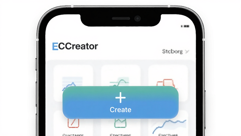 ECreator app interface mockup, clean minimalist UI design, white background, showing a dashboard with 'Create' button prominent, soft shadows, high resolution, vector style, no extra elements,