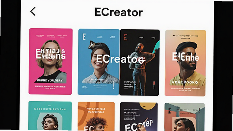 ECreator template gallery screenshot, grid layout of diverse poster designs, vibrant colors, clean typography, mobile screen view,